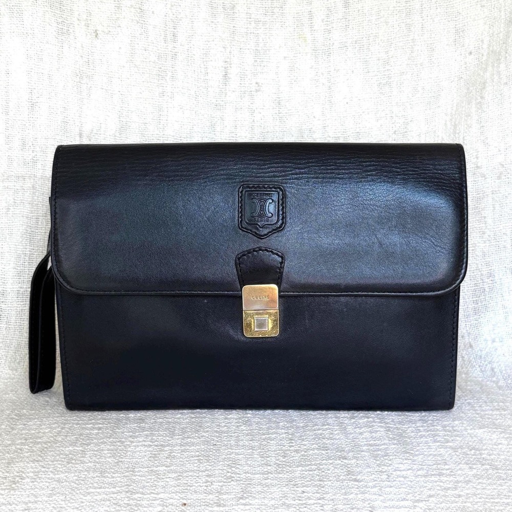 Vintage Celine Black Leather Clutch Document/Travel Organizer‎ Gold Push-Lock